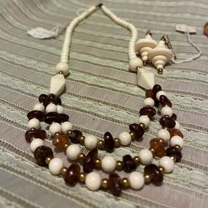 Amber & Bone Gemstone Necklace & Earring Set with Gold & Sterling Silver Clasp